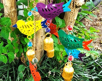 Carousel of Colorful Birds Wind Chime - Wrought Iron, Hand Painted, Rainbow Glass Beads, 6 Reclaimed Bells