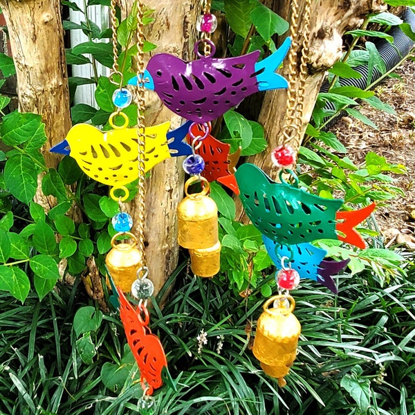 Carousel of Colorful Birds Wind Chime - Wrought Iron, Hand Painted, Rainbow Glass Beads, 6 Reclaimed Bells