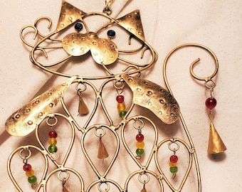 Cat Wind Chime - Antiqued Gold Finished Metal, 12 Reclaimed Bells, Rainbow Glass Beads