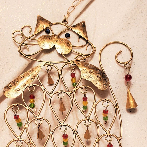 Cat Wind Chime - Antiqued Gold Finished Metal, 12 Reclaimed Bells, Rainbow Glass Beads