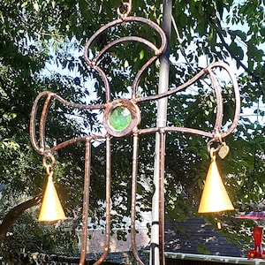Medium Elegant Cross Wind Chime, Wrought Iron With Faceted Green Center Stone, 5 Reclaimed Bells, Iron is the Gift for a 6th Anniversary