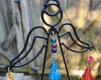 Garden Angel in a Wrought Iron Wind Chime: 6 Colorful Bells