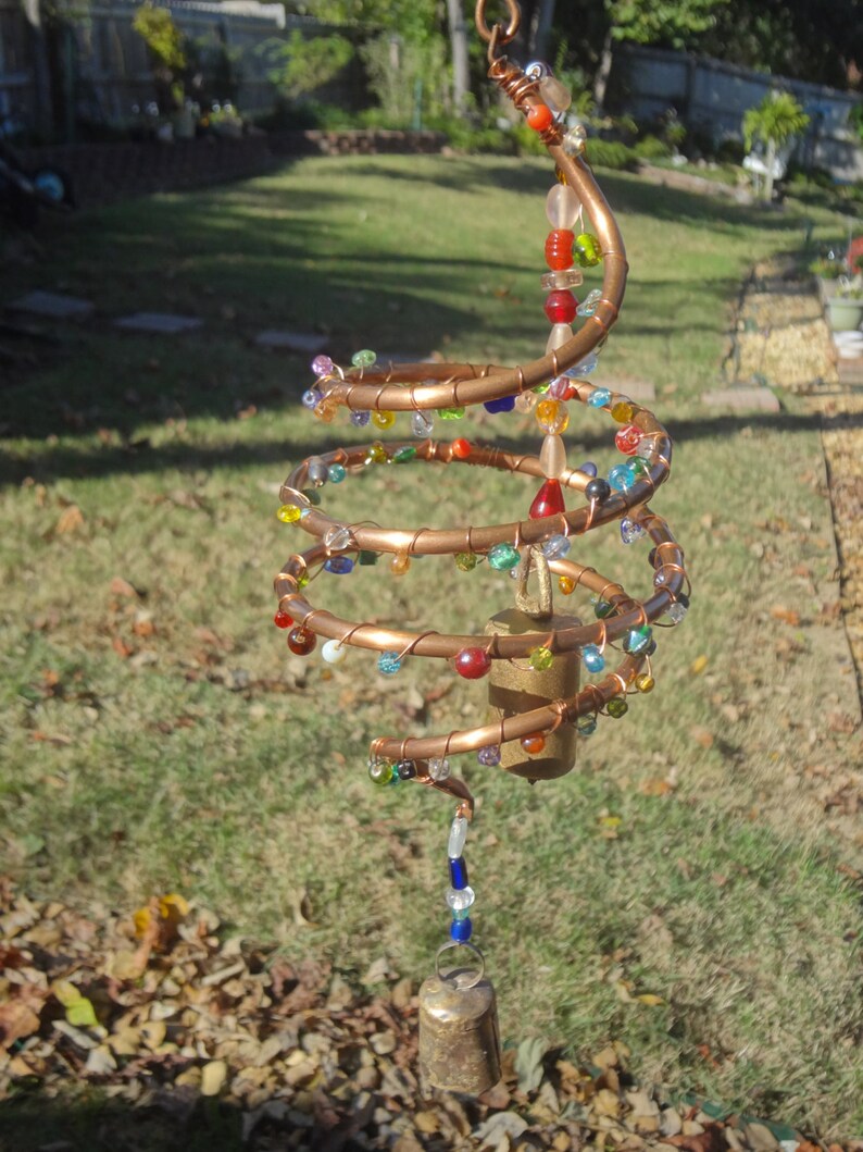 Original Design Elegant Copper Swirl of Colorful Beads and Bells Wind Chime One-of-a-Kind Glass Beads Indoor Handmade Bells Outdoor