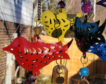 Colorful Bird Wind Chime: Wrought Iron, Hand Painted, Colorful Glass Beads, Bells