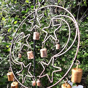 Sun, Moon and Stars Wrought Iron Wind Chime Metallic Finish  and 14 Reclaimed Bells