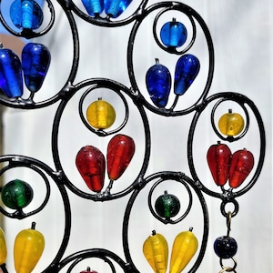Flower Bouquet Wrought Iron Wind Chime, Colorful Glass Beads, 5 Reclaimed Bells, Gift for a 6th Anniversary