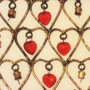 Wrought Iron Diamond Shape Filled with Red Glass Faceted Hearts Wind Chime, Gift for a 6th Anniversary