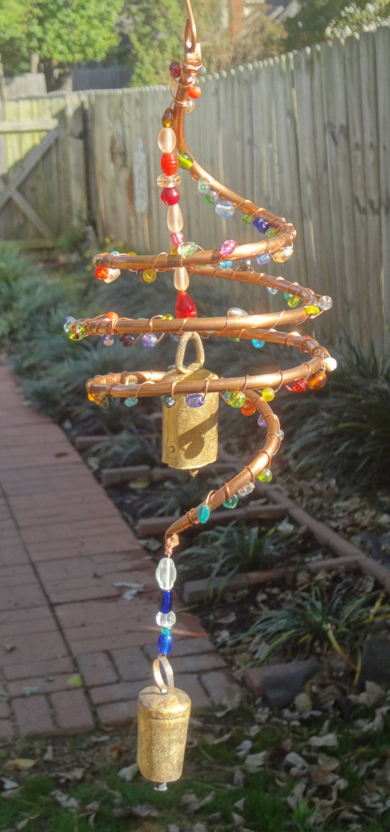 Original Design Elegant Copper Swirl of Colorful Beads and Bells Wind Chime One-of-a-Kind Glass Beads Indoor Handmade Bells Outdoor