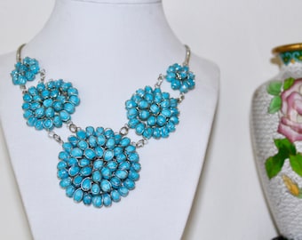 Beaded Necklace, Turquoise Blue Necklace, Floral Necklace, Flower Necklace, Boho Necklace, Statement Necklace, Gift For Her, Holiday Gift