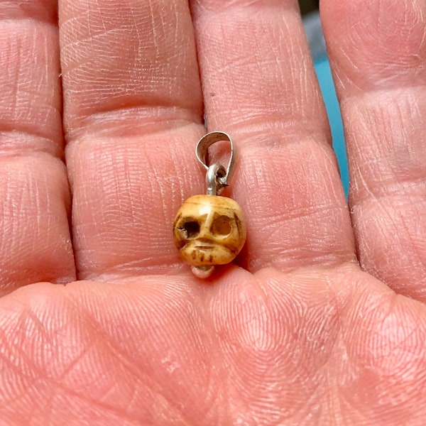 Vintage Tiny Bone Skull Pendant Yak Bone Mala Skull Memento Mori Karma Meditation Yoga Jewelry Dia de los Muertos Day of the Dead Rocker Fun