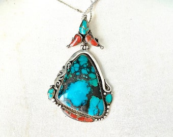 Vintage Tibetan Sterling Silver Enormous Turquoise Coral Hinged Pendant Statement