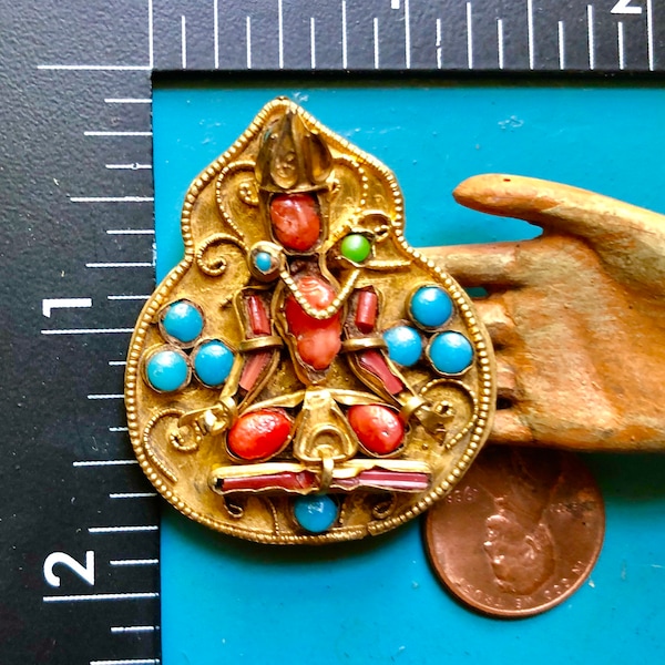 Vintage Buddha Deity God Goddess Brass Brooch Pin Ethnic Boho Tibetan Nepalese Coral Turquoise Jade Glass Protection Talisman Meditation #1