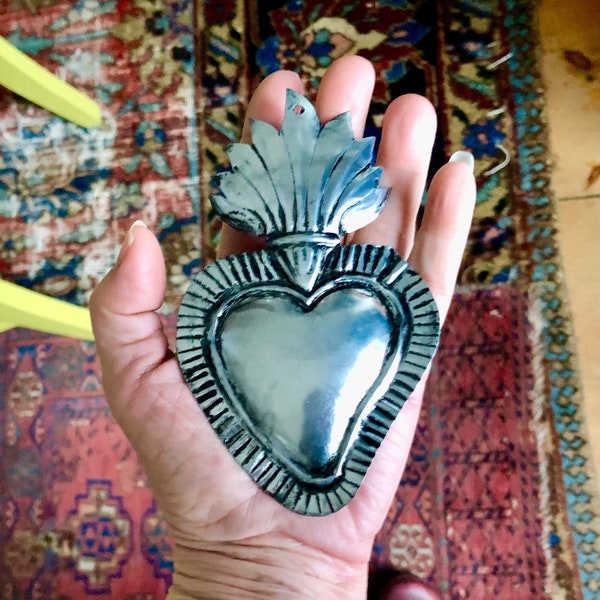 Flaming Heart Milagro Bless Your Heart Ex Voto 10th Anniversary Ornament Valentine Protection Spiritual Tin Mexico 5.375" x 3.25"