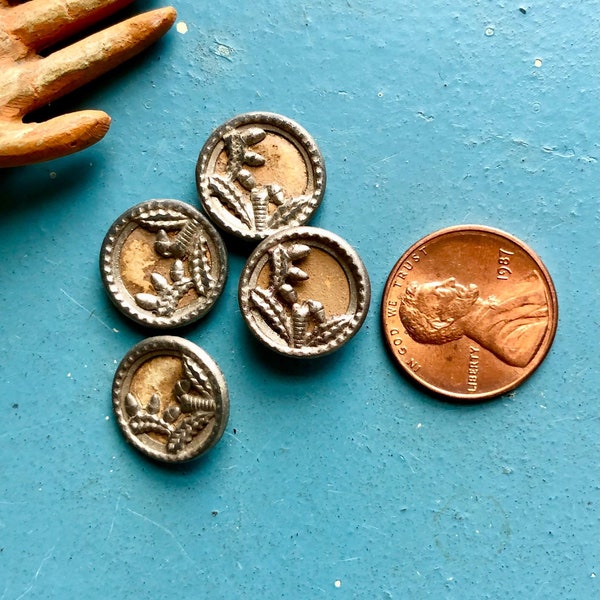 4 Antique Vintage Metal Plus Buttons .5" Matched As Is Rare Notions Doll Millinery Costume Collectible