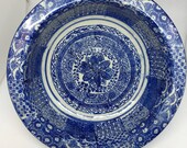 Antique Asian Chinese Japanese Blue White Porcelain Pottery Heavy Handpainted Transfer Bowl Chrysanthemum Panels One of a Kind Unsigned