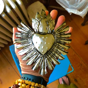 Flaming Illumination Heart Milagro Ex Voto 10th Anniversary Milagro Valentine Unpainted Mexico Tin Ornament Protection Spiritual 6.5"x 5"