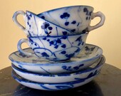 6 Pieces Antique Japanese Imari Blue White Porcelain Pottery Delicate Handpainted Tea Cups and Saucers