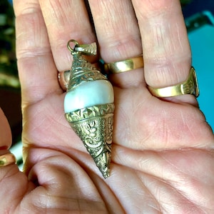 Vintage Indian Repoussé Metal & Sacred Conch Shell Bead Pendant Boho Gypsy Tribal Ethnic Colorful Focal Bead Jewelry Mixe Media