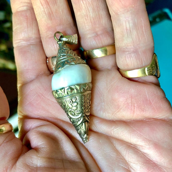 Vintage Indian Repoussé Metal & Sacred Conch Shell Bead Pendant Boho Gypsy Tribal Ethnic Colorful Focal Bead Jewelry Mixe Media