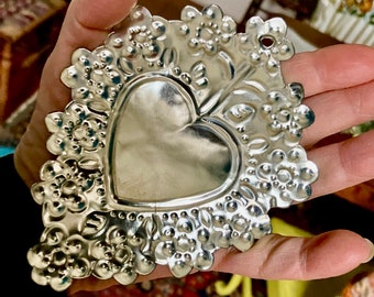Heart Milagro Love in Bloom Naif #2 Milagro Ex Voto 10th Anniversary Valentine Unpainted Ornament Spiritual Cut Tin Mexico 5.5" x 4.5"