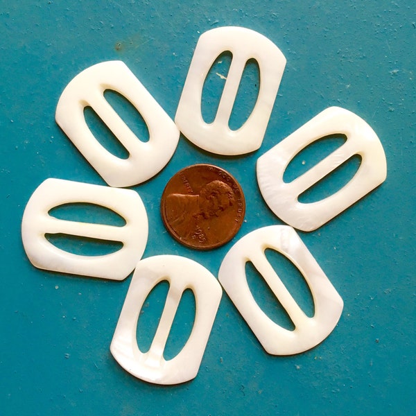 10 Mother of Pearl Buckles Antique Vintage MOP Slides 45L 1.125" 28.6mm Very White Notions Dolls Focal Pendant Ornament Shellcraft Millinery