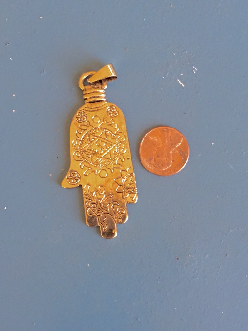 Hamsa Fatima Luck Engraved Hand Goldtone Pendant W Star Boho Ethnic Tribal Double-Sided Bold Gypsy Protection Cast Jewelry Pendant Supplies