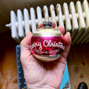 Vintage Mercury Glass Christmas Ornament Shiny Brite Merry Christmas Stencil Antique Christmas MCM Round Red 3&quot; #2