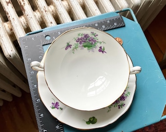 Vintage Adderley England Fine Bone China Violets Footed Cream Soup Bowl and Saucer