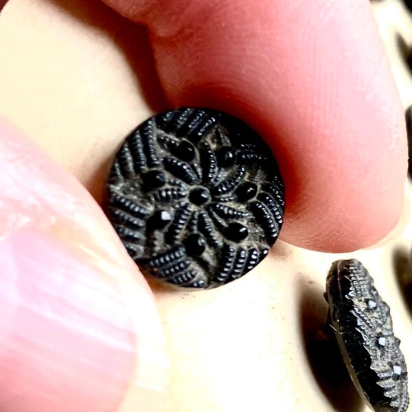 15 Antique Victorian Buttons Czech Glass Black Jet Patterned .5" 1800's Notions 12.7mm Self Shank Mourning Costumes Jewelry Millinery