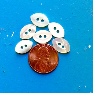 May include: Six oval-shaped, iridescent white buttons with two holes each, arranged around a copper penny. The buttons have a pearlescent sheen. The penny features a profile of a man and the year 2007.