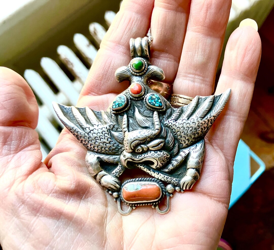 Antique Garuda Talisman Tibet Sterling Silver Repousse Turquoise Coral ...
