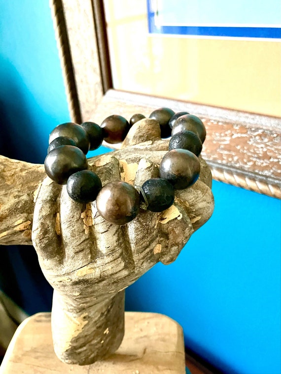 Vintage Oaxaca Mexico Black Clay Bracelet 14 Beads