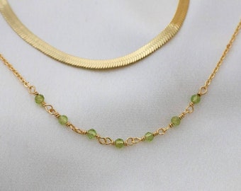 Peridot Beaded 14k Gold Filled Chain Link Necklace, August Birthstone Peridot Gold Necklace