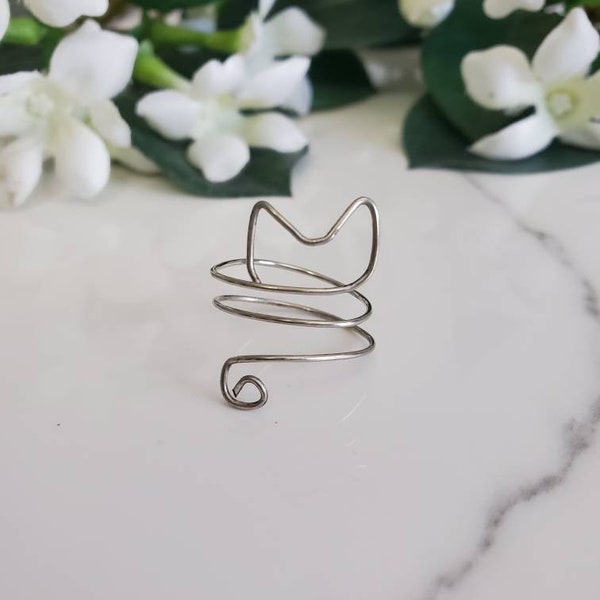 Cat Ears Wire Wrap Ring, Cat Silhouette Wrap Round Ring