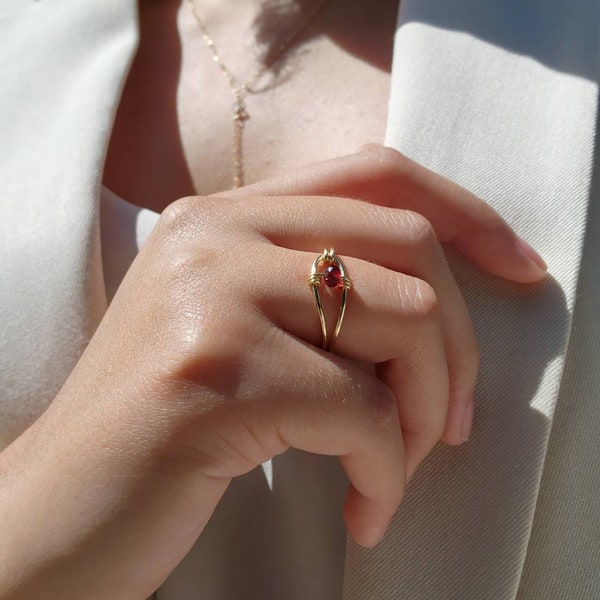 Persephone's Bond Garnet Loop Ring, Garnet Gemstone Solitaire Tarnish Resistant Copper Wire Wrapped Ring