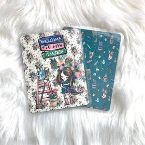 May include: Two planner stickers, one with a floral design and a girl holding a watering can, and the other with a teal background and a pattern of gardening tools. The floral sticker has the text "Welcome to my garden".