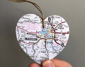 Madison Map Heart Ornament, Madison Wisconsin, Madison WI Gift, University of Wisconsin Madison, Wisconsin Map, Graduation gift