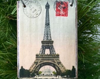 Paris Eiffel Tower Postcard Ornament, Paris Gift, Travel Ornament, Paris France Ornament, Personalized Christmas Ornament