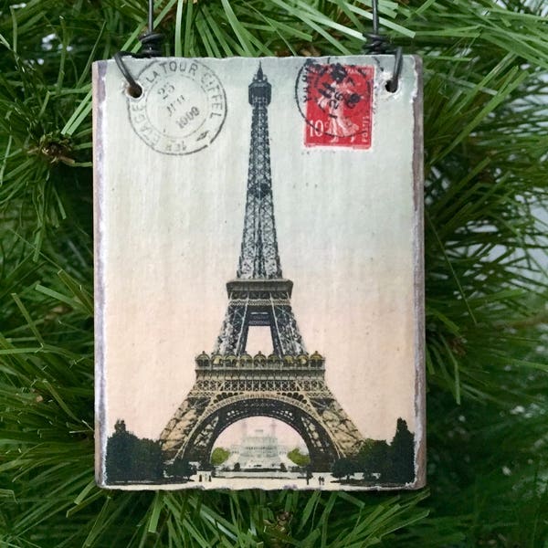 Paris Eiffel Tower Postcard Ornament, Paris Gift, Travel Ornament, Paris France Ornament, Personalized Christmas Ornament