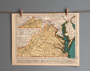 Vintage Virginia and Washington Map, Virginia Map Wall Art, Washington Map Gift, Virginia State Map, Vintage Map Wall Art, Vintage Map Gift