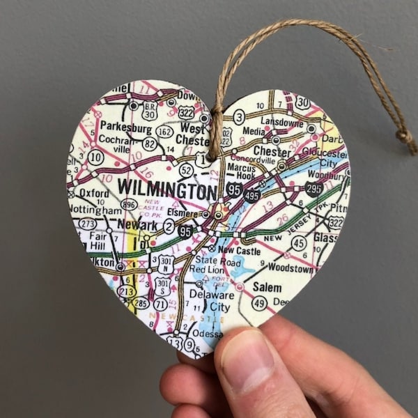 Wilmington Map Heart Ornament, Wilmington DE Ornament, Graduation Gift, Wilmington Delaware Map, University of Delaware