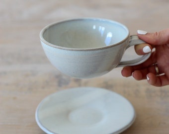 Ceramic Cup and Saucer Set - Large Mug glazed in Subtle Pink - Hot Chocolate Mug Handmade Gift - Housewarming Gift - Home Gift