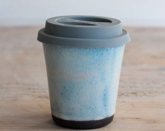 Ceramic Travel Mug - Handmade Pottery Keep Cup - Black Clay & Blue Glaze - Reusable Coffee Mug - Ready to Ship - Home Gift
