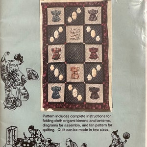 May include: A quilt pattern titled "Natsu Matsuri Origami-Sashiko Quilt" featuring a patchwork design with kimono and lantern motifs. The pattern includes instructions for folding cloth origami, assembly diagrams, and fan patterns. The image also includes illustrations of Japanese figures.