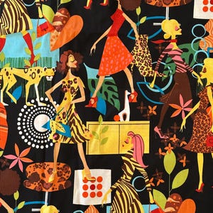 May include: A vibrant fabric design featuring stylized figures in dresses with animal prints and bold colors. The figures are set against a black background with floral and geometric elements. The overall theme is retro fashion.