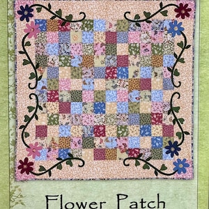 May include: A quilt pattern titled "Flower Patch" with a patchwork design of various floral fabrics. The design is framed by a floral vine border and the text "Tenderberry Stitches" is at the top.