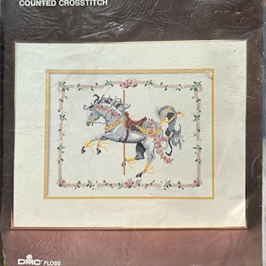 Gray Carousel Horse- Bernat 1980s Vintage Counted Cross Stitch Embroidery Kit