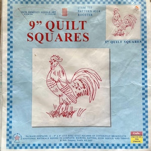 May include: A package of Jack Dempsey Needle Art quilt squares. The package features a red embroidered rooster design on a white square, with the text "9" QUILT SQUARES". The package is blue and white with the text "ITEM 733 PATTERN #314 ROOSTER".