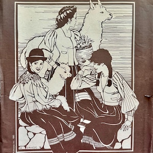 May include: A brown and white illustration of a vintage sewing pattern titled "Folkwear 124." The image features three women, two alpacas, and the text "Bolivian Milkmaid's Jacket." The pattern includes sewing instructions and decorative beadwork designs.