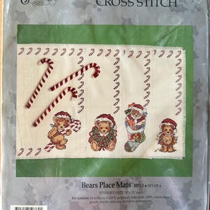 Christmas Bears Place Mats- Set of Four- 90s Vintage Cross Stitch Embroidery Kit